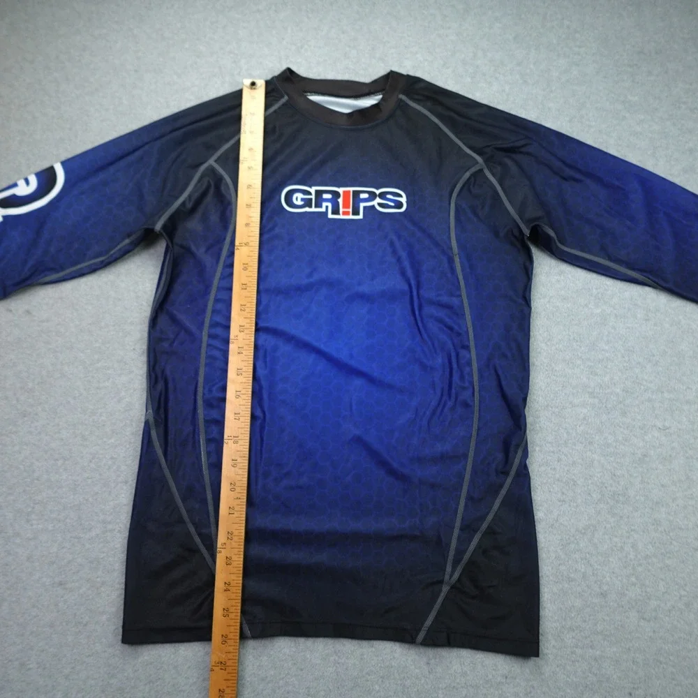 Grips Rash Guard Mens Small Blue Black Honeycomb Athletic‎ Compression Shirt BJJ